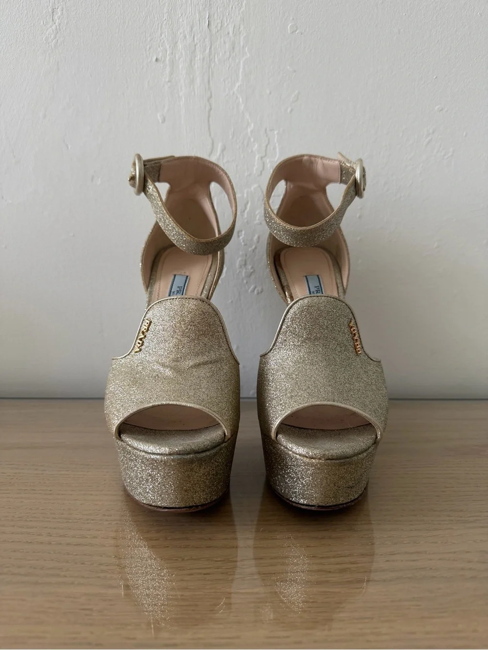 Prada Gold Glitter Platform Ankle-Strap Block Heel Sandals in Size 35